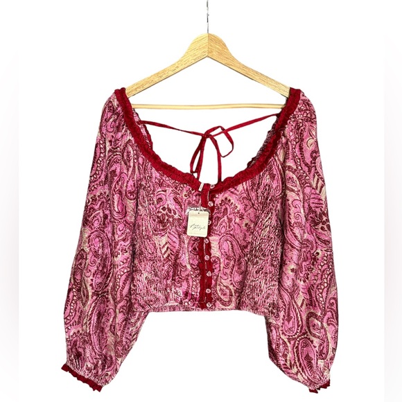 NWT Free People Dare Me Velvet Blouse In Retro Combo Red and Pink Women’s Large - Picture 3 of 8